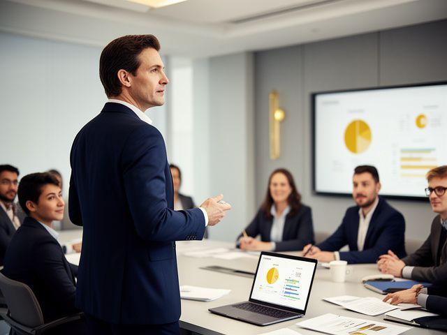 Imprenditore che presenta una startup a potenziali investitori in un ambiente professionale