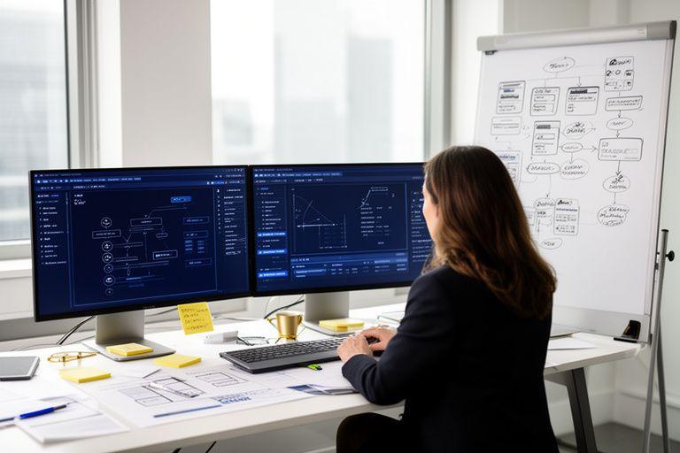 Professionista che progetta una struttura digitale su schermi e lavagna in ufficio moderno