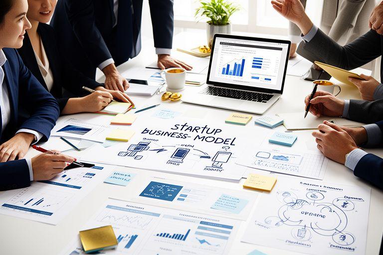 Tavolo di lavoro con documenti di business model, grafici e laptop per la strategia di startup