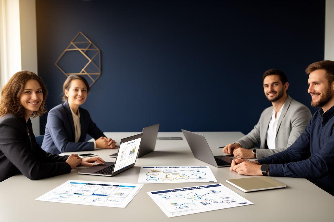 Team Mythora che presenta una strategia di crescita per startup in una sala riunioni moderna