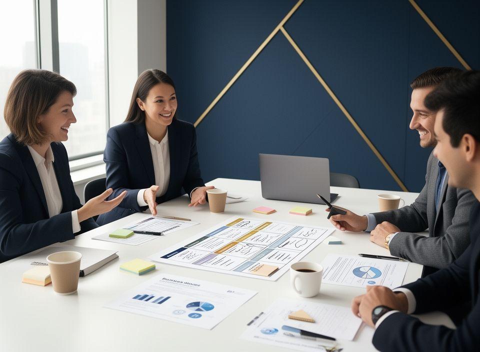 Consulente che analizza un business model canvas con founder di startup